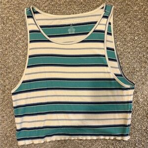 American Eagle Outfitters Green and White Fitted Crop Tank Top